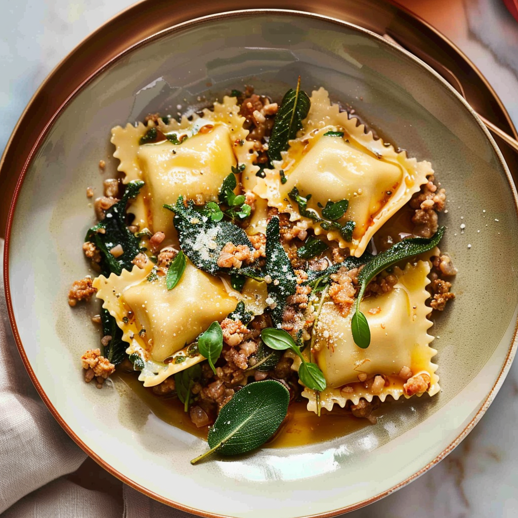 Recipe preparation for Pumpkin Sage Ravioli with Brown Butter