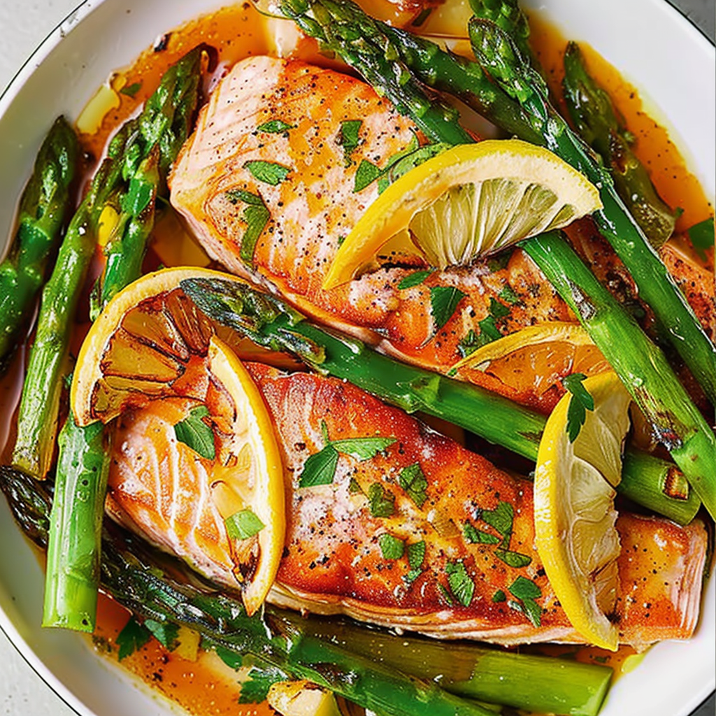 Recipe preparation for Lemon Butter Salmon with Asparagus One-Pan