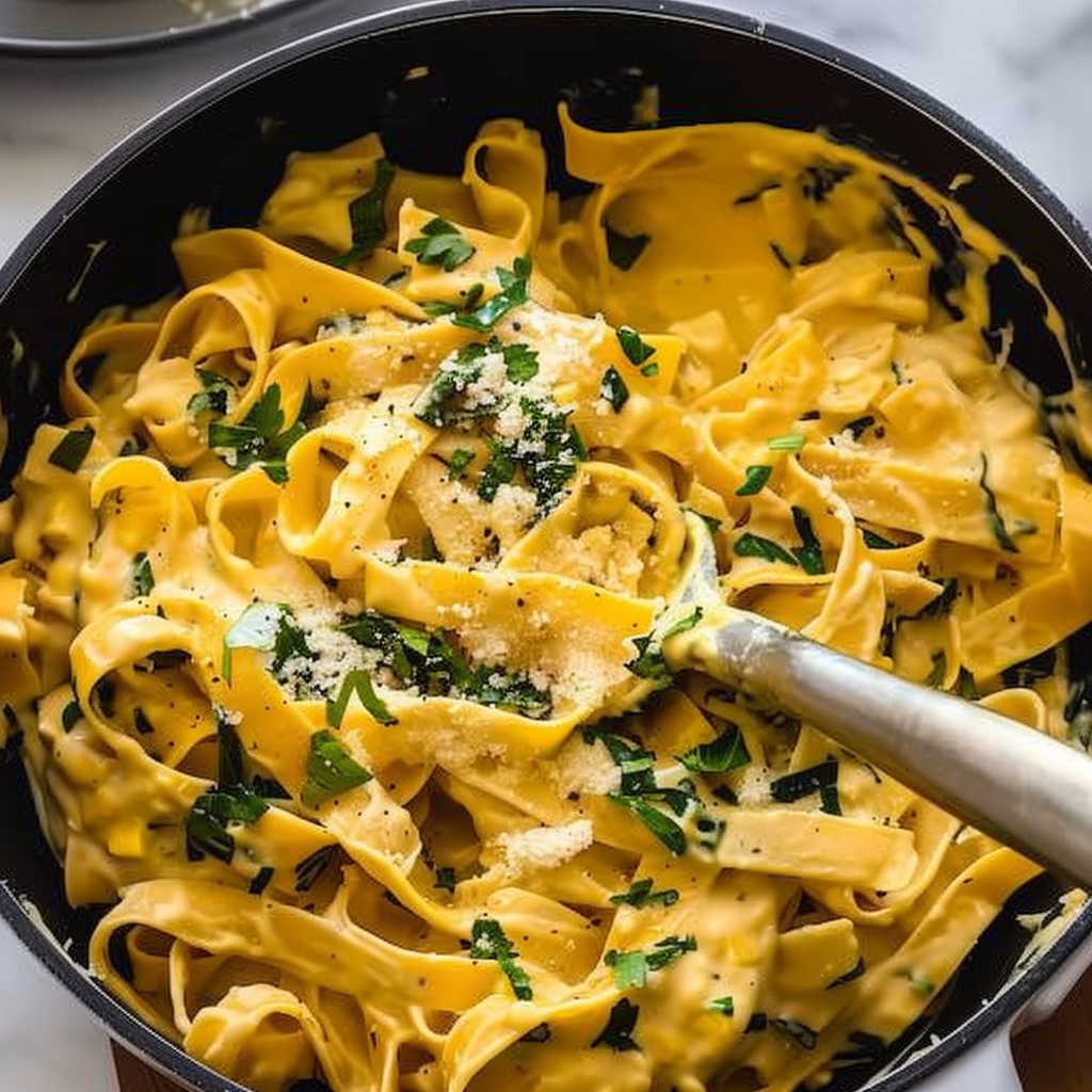 Recipe preparation for Creamy Pumpkin Alfredo Pasta