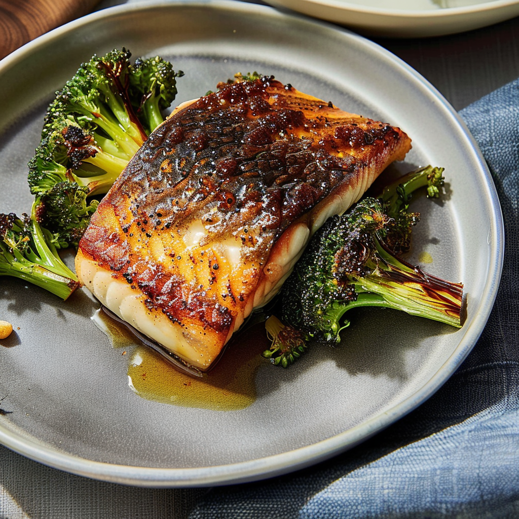 Recipe preparation for Miso-glazed cod with broccolini & black garlic butter