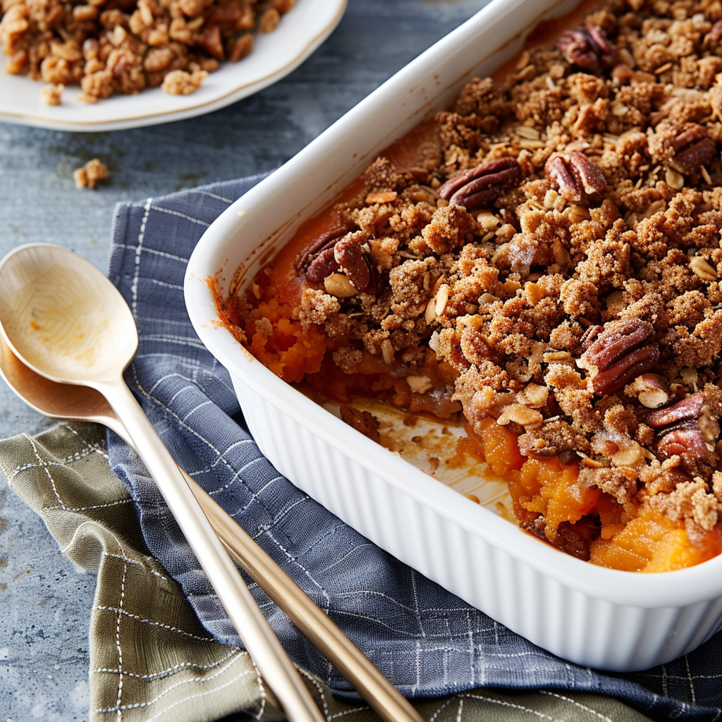 Recipe preparation for Sweet potato casserole with pecan-brown-butter crumble