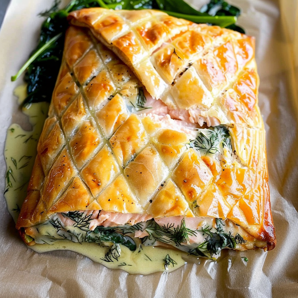 Recipe preparation for Salmon en-croute with dill-cream & spinach