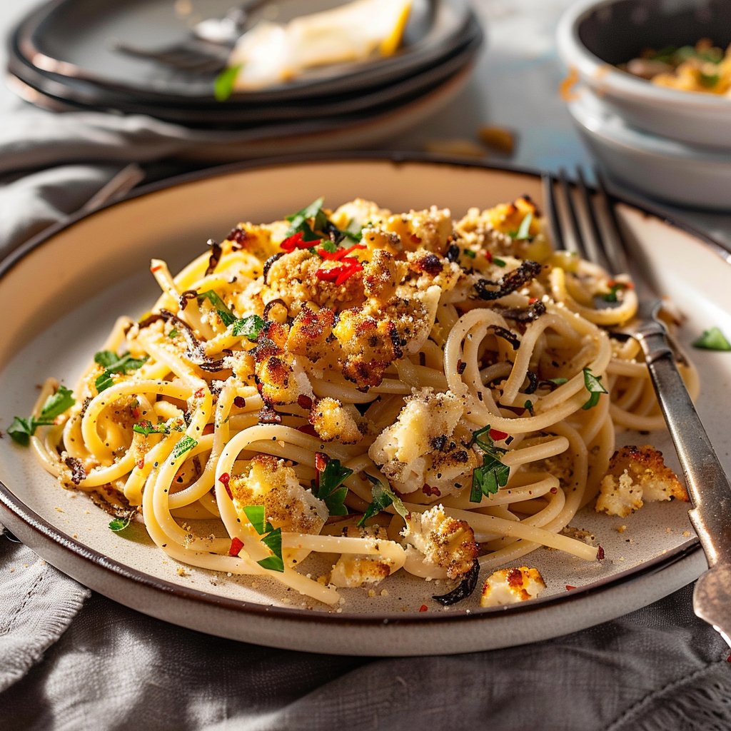 Recipe preparation for Black garlic & miso pasta with sea-weed crumble