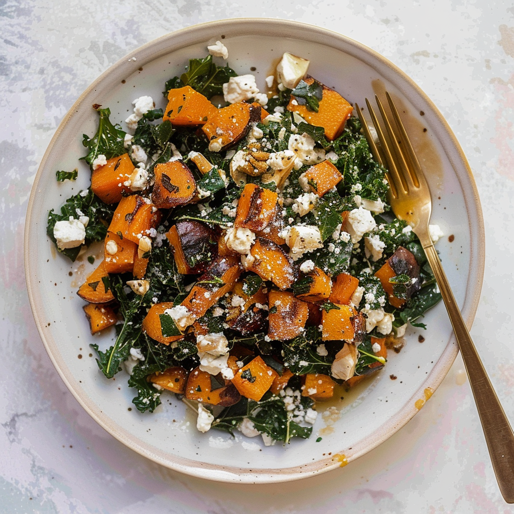 Recipe preparation for Autumn Harvest Grain Salad with Roasted Squash, Kale & Feta