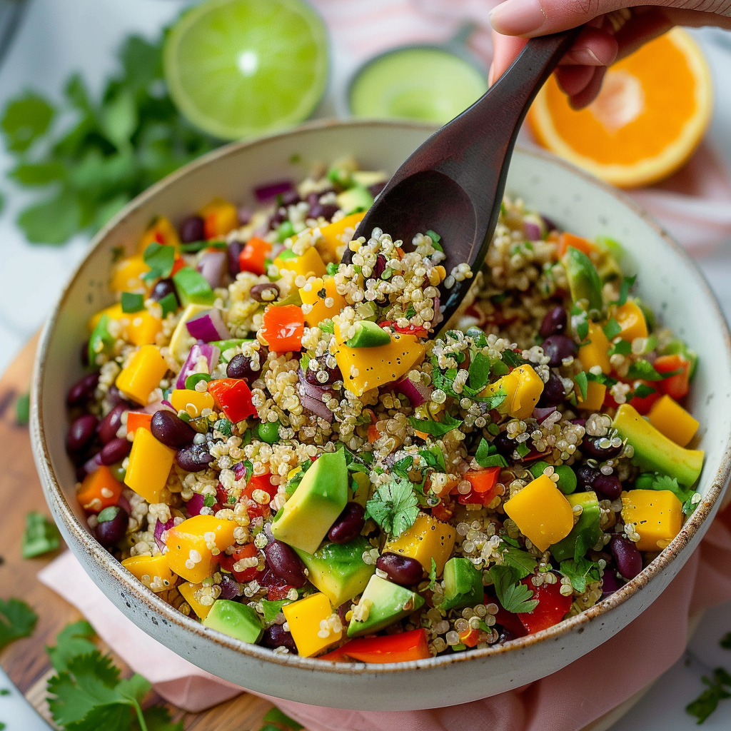 Recipe preparation for Black Bean Quinoa Bowl with Mango Salad