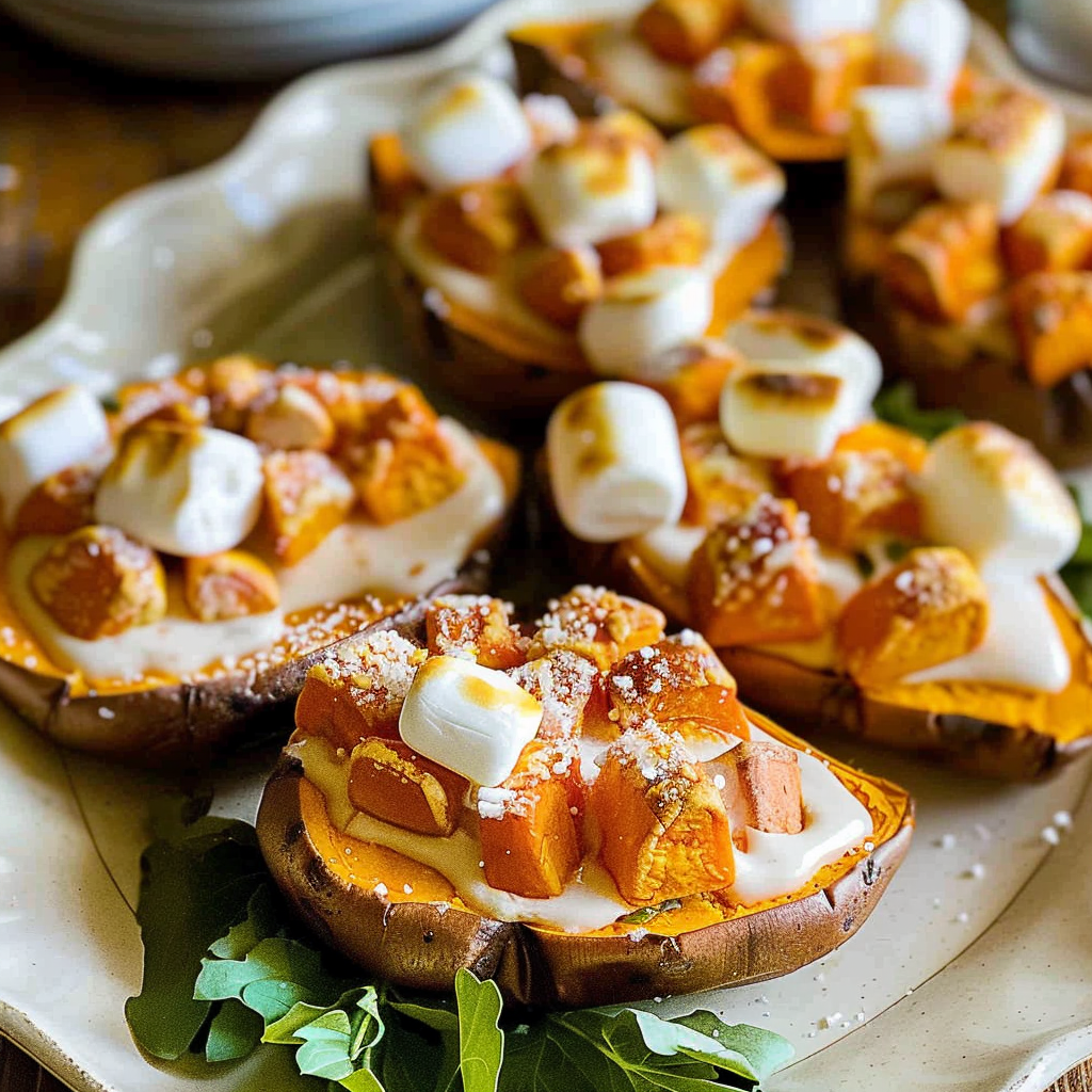 Recipe preparation for Twice-Baked Sweet Potatoes with Marshmallow Swirl