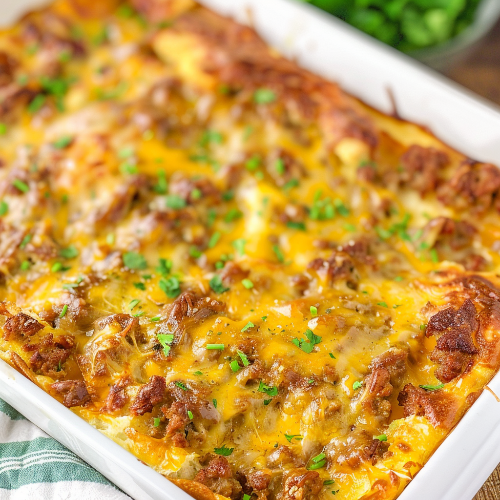 Recipe preparation for Overnight Sausage, Egg, and Biscuit Casserole