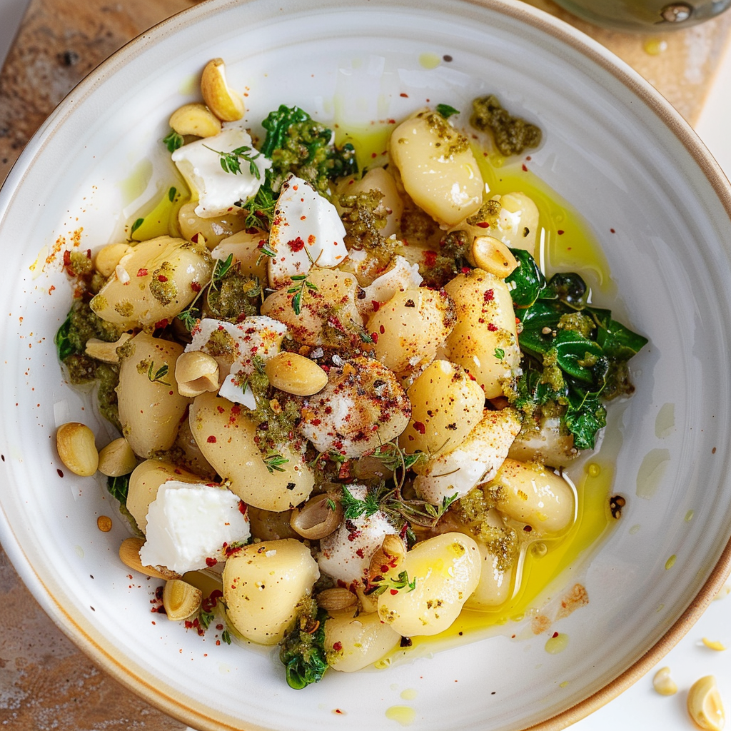 Recipe preparation for Baked Burrata Pesto Gnocchi
