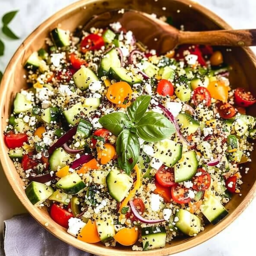 Recipe preparation for Lemony Quinoa Salad with Feta and Cucumber