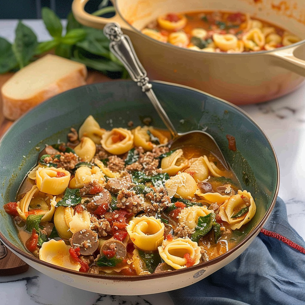 Recipe preparation for Smoky Sausage & Greens Tortellini Broth