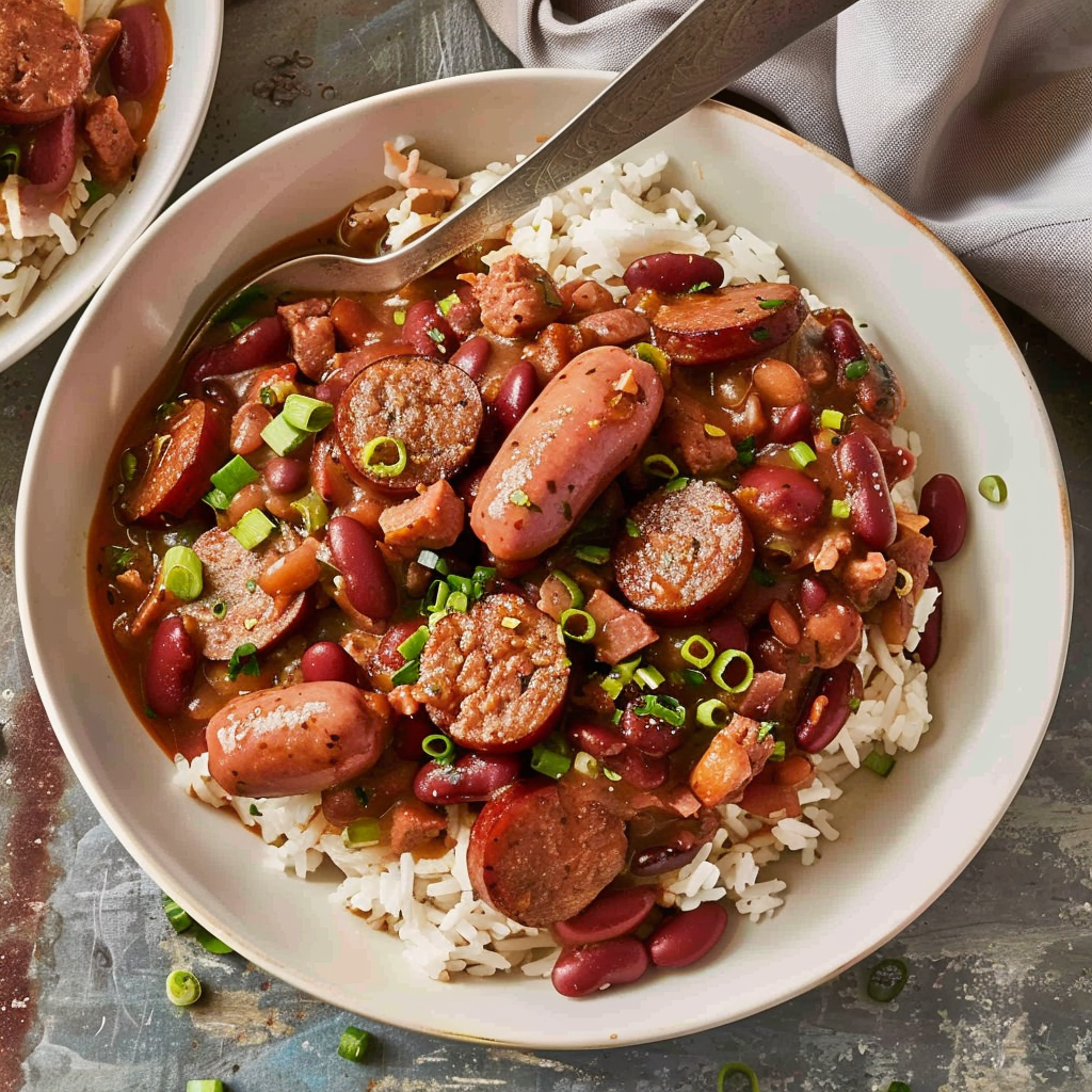 Recipe preparation for Louisiana Style Red Beans and Rice with Smoked Sausage