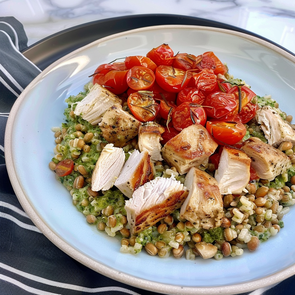 Recipe preparation for Pesto Chicken & Farro Lunch Bowls
