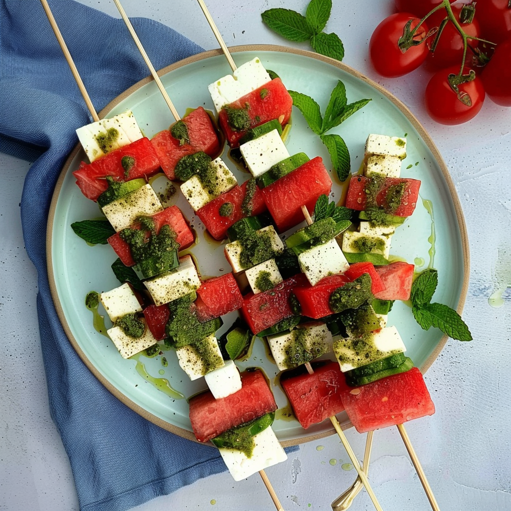 Recipe preparation for Watermelon & Feta Skewers with Mint Vinaigrette