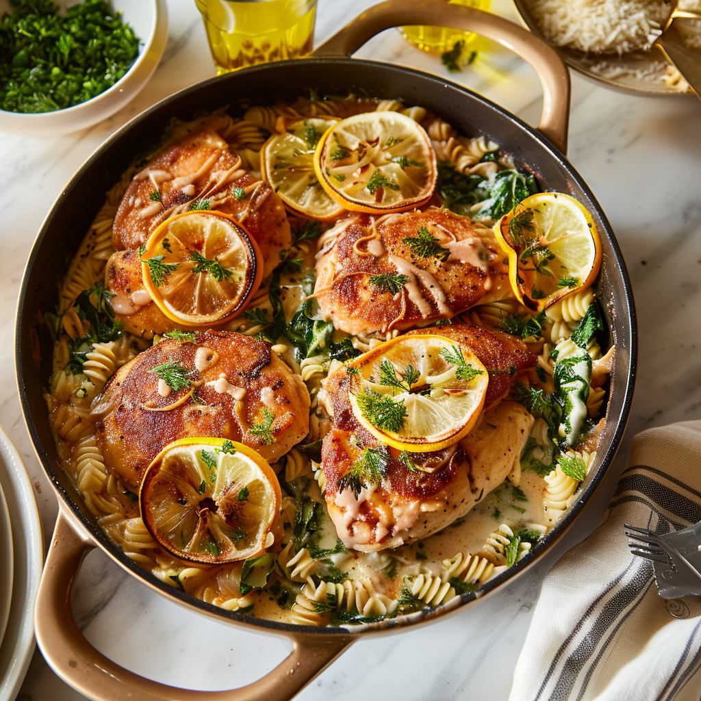 Recipe preparation for Garlic Lemon Chicken Orzo Skillet