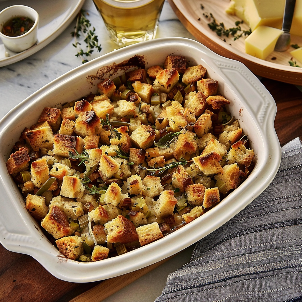 Recipe preparation for Brown Butter Herb Stuffing Casserole