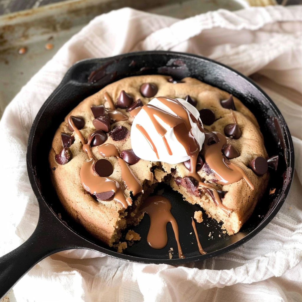 Recipe preparation for Tahini Chocolate Chip Skillet Cookie