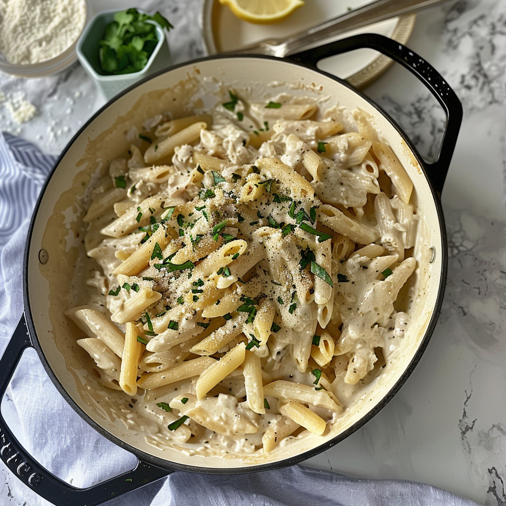 Recipe preparation for One-Pot Creamy Lemon and Artichoke Pasta
