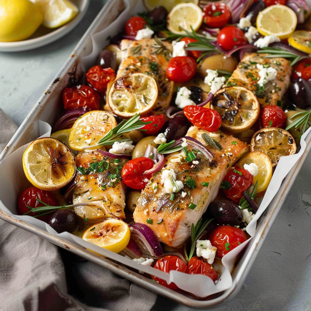 Recipe preparation for Low-Calorie Sheet Pan Cod with Olives and Feta