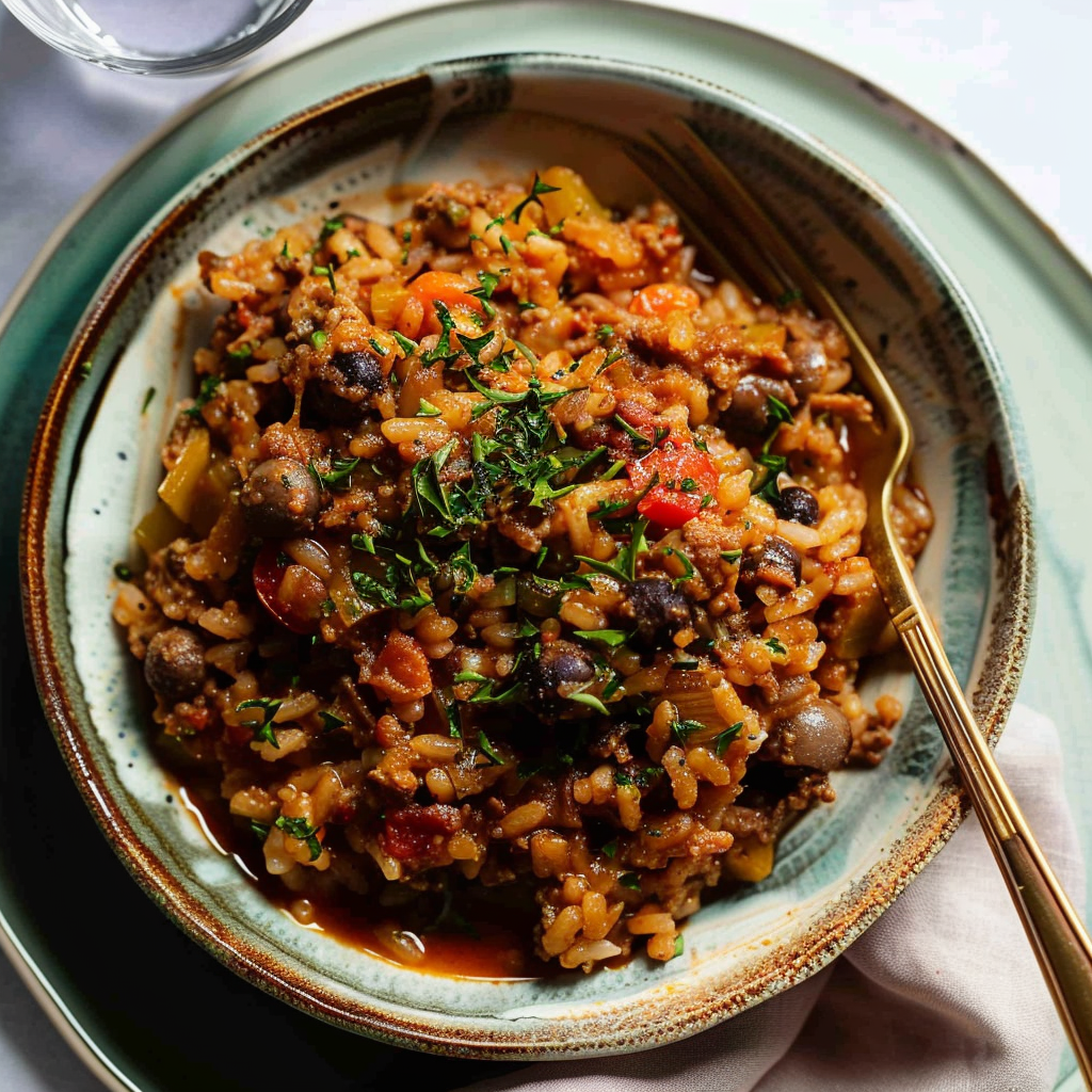 Recipe preparation for One-Pot Moussaka Beef Rice Pilaf