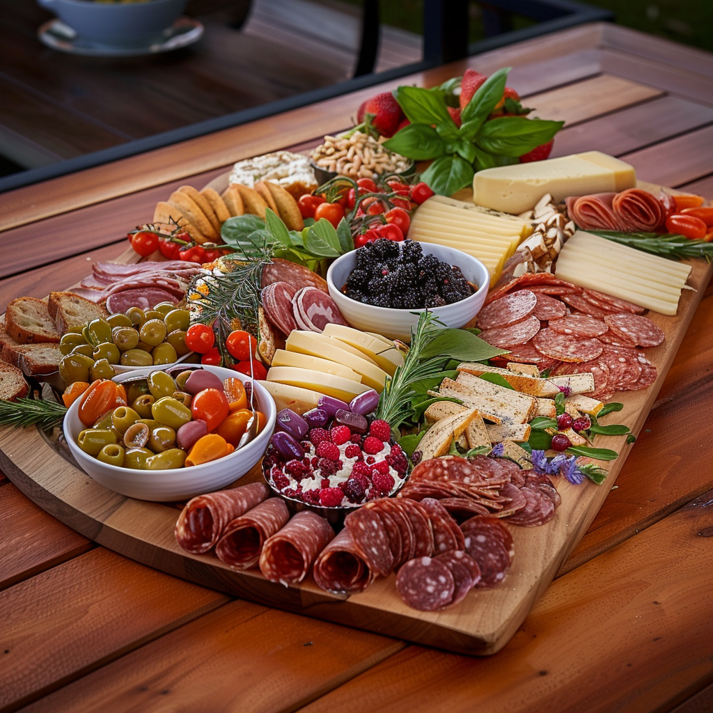 Recipe preparation for grazing platter with mixed meats, cheeses & seasonal fruit