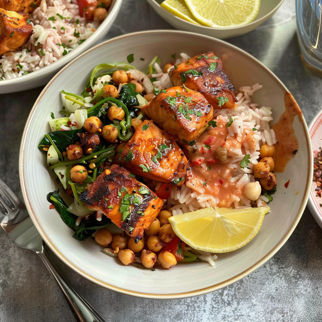 Recipe preparation for Harissa-Glazed Salmon with Chickpea & Spinach