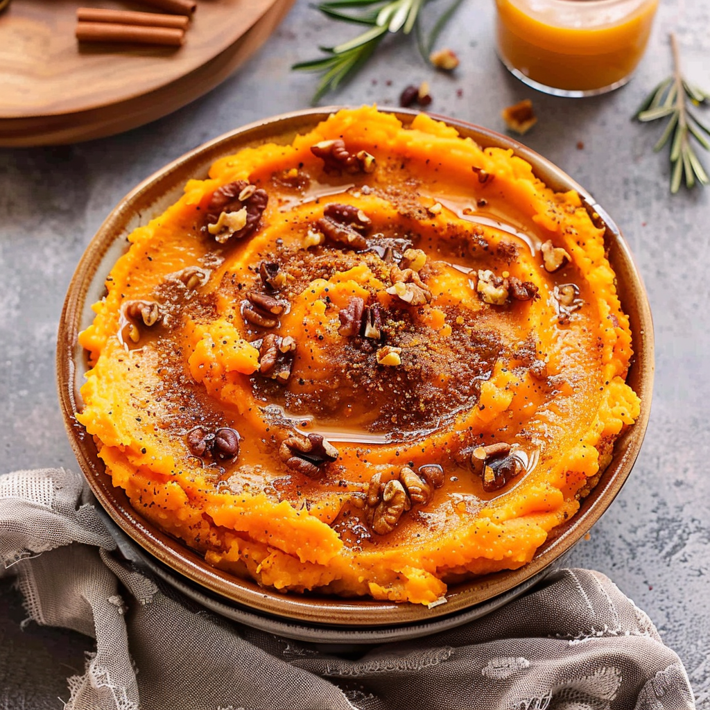 Recipe preparation for Brown Butter Hazelnut Sweet Potato Mash