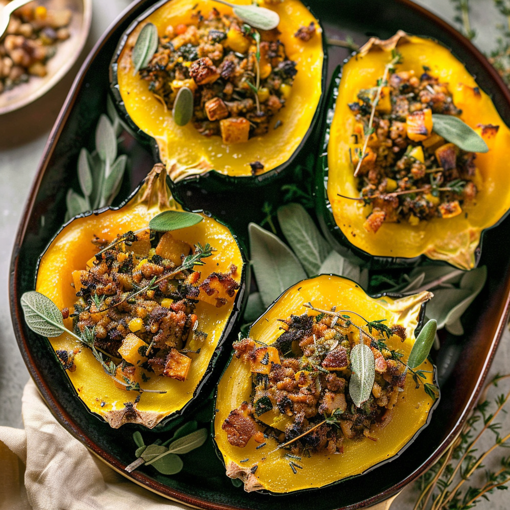 Recipe preparation for Pumpkin Sage & Thyme Stuffed Acorn Squash