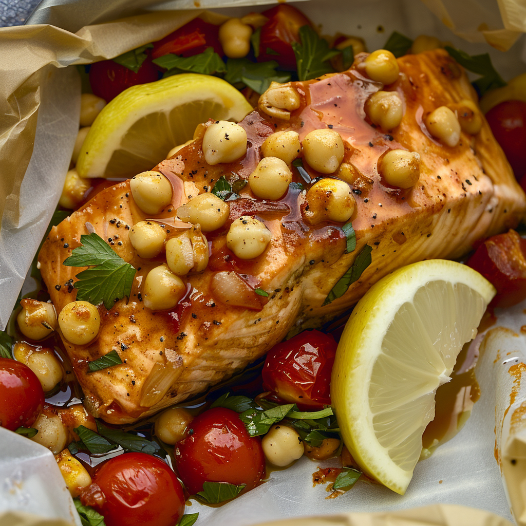 Recipe preparation for Harissa-Glazed Salmon with Roasted Chickpeas