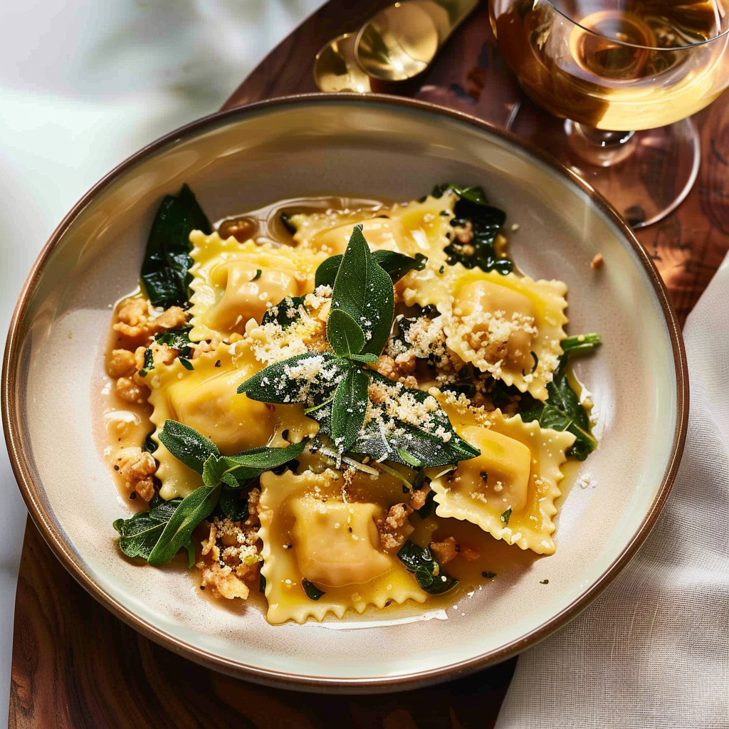 Recipe preparation for Butternut Squash Ravioli with Brown Butter Sage Sauce