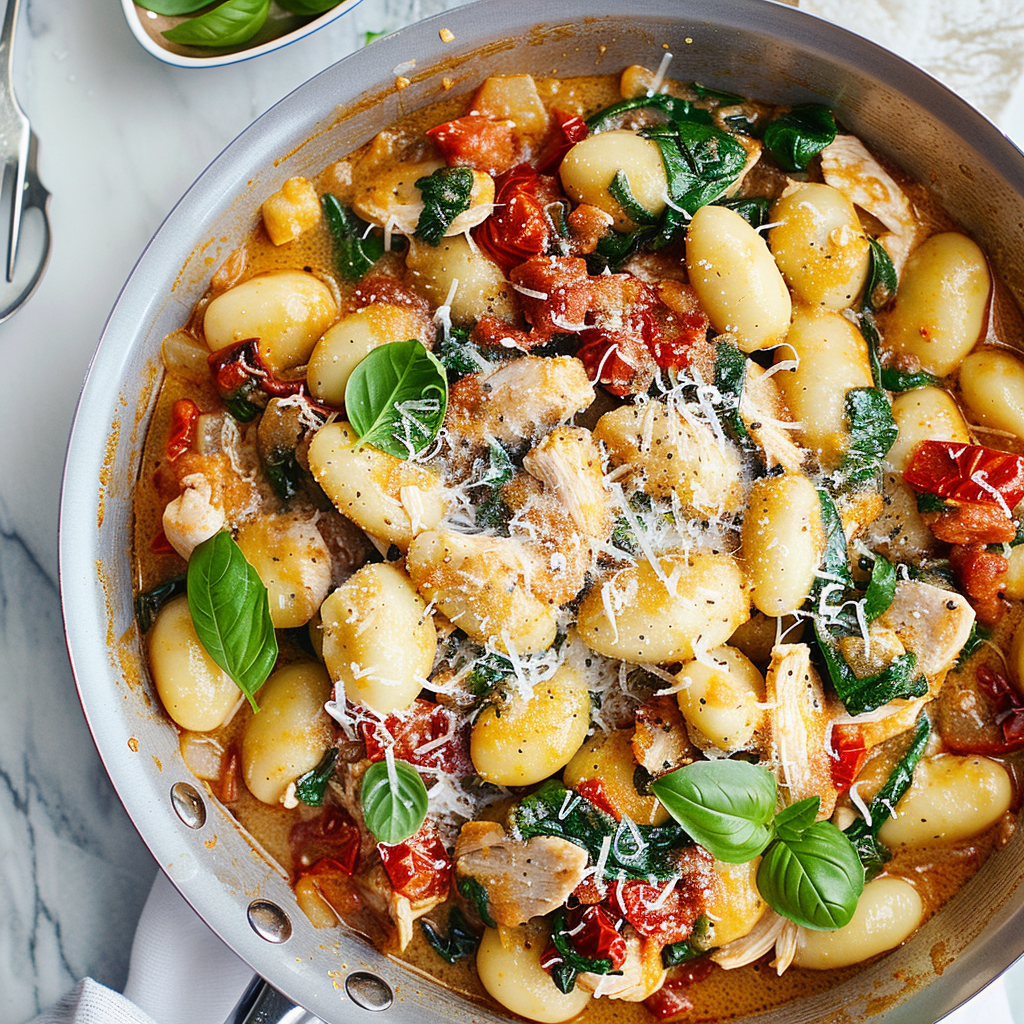 Recipe preparation for Creamy Sun-Dried Tomato Chicken Gnocchi Skillet