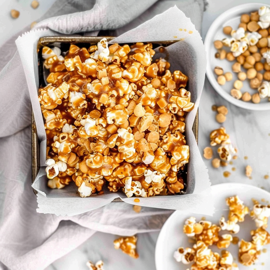 Recipe preparation for Golden Crunch Popcorn Toffee Munch