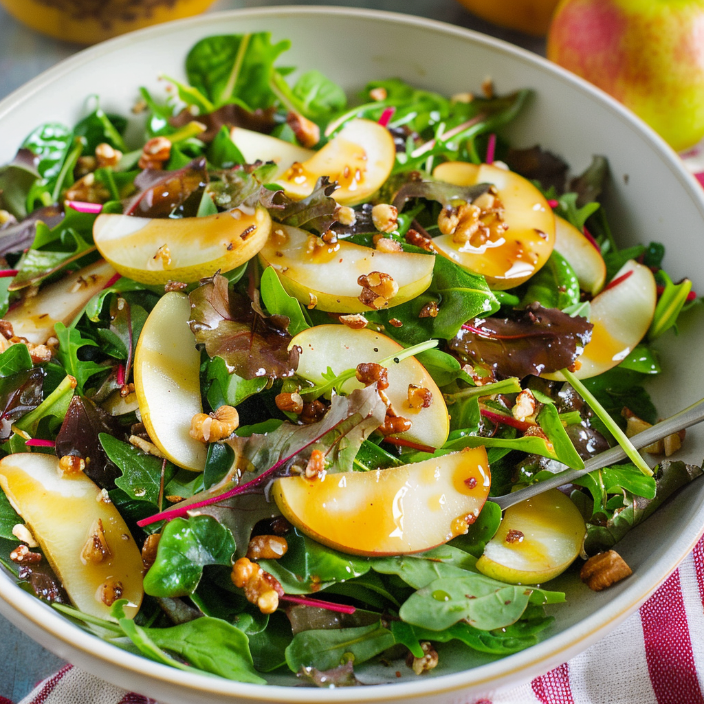 Recipe preparation for Warm Pear & Walnut Winter Greens Salad