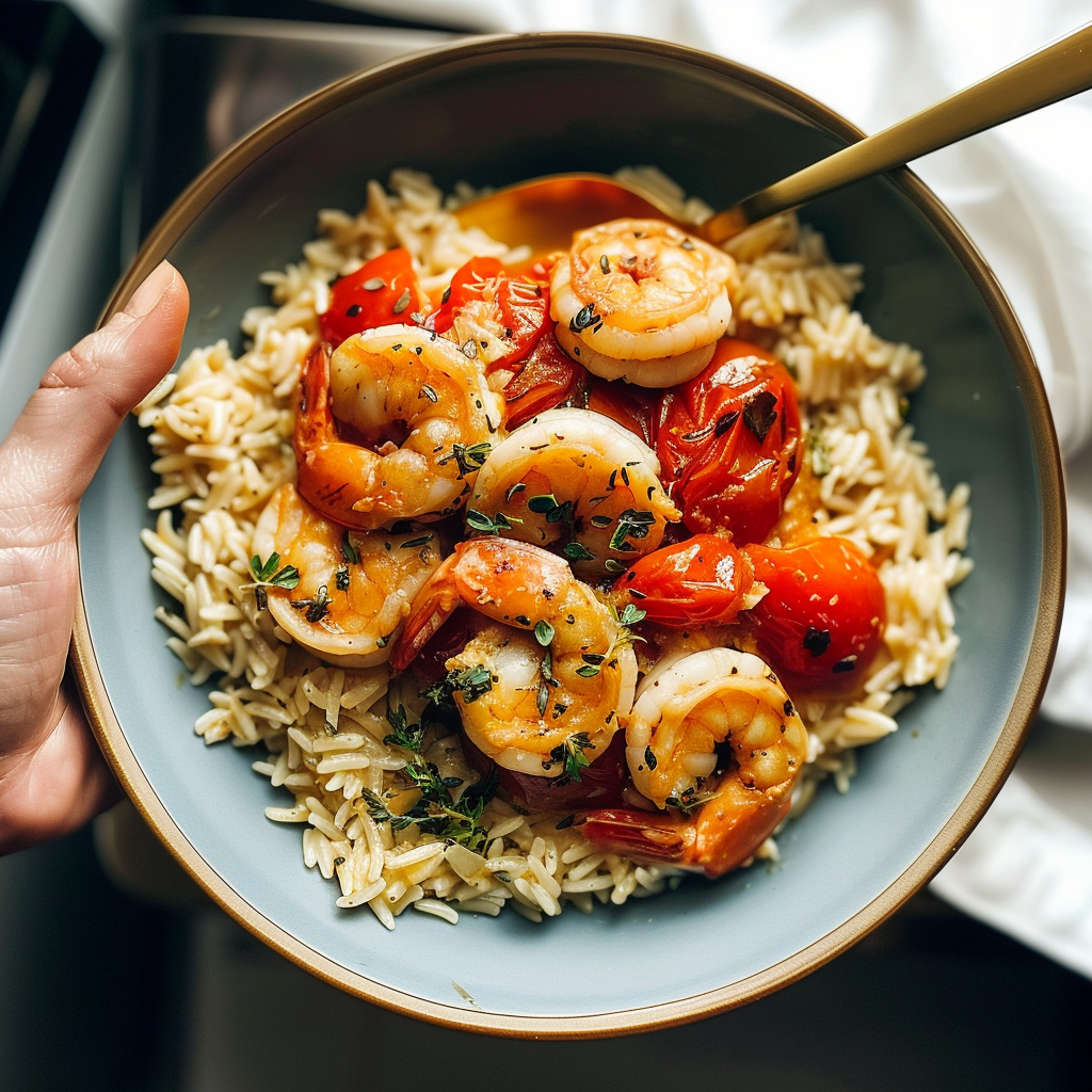 Recipe preparation for Creamy Basil Shrimp & Tomato Orzo