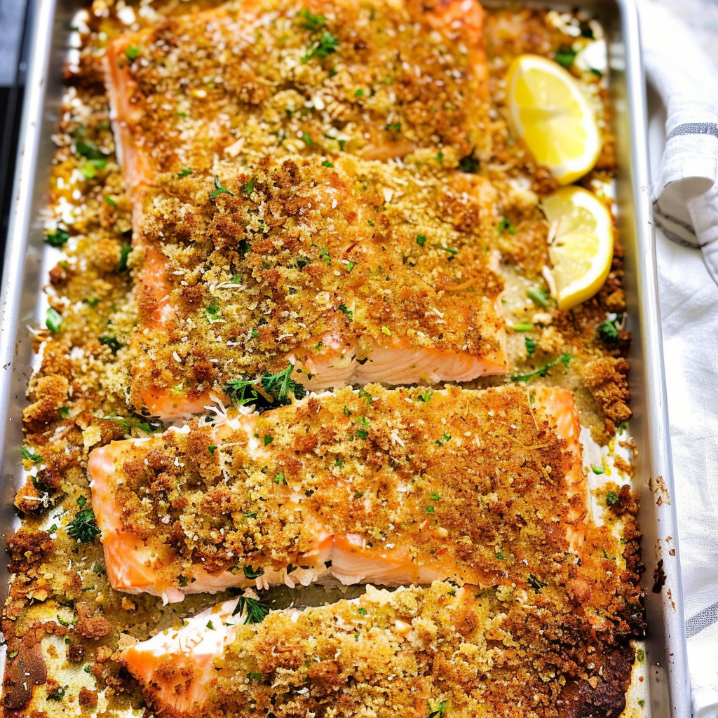 Recipe preparation for Sourdough Parmesan Crusted Salmon Bake