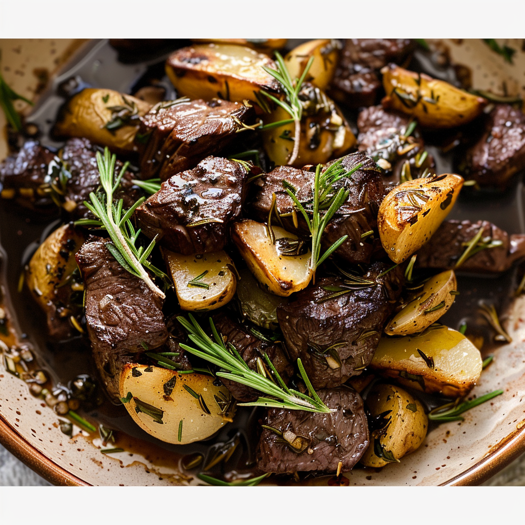 Recipe preparation for Herb Butter Steak Tips with Roasted Garlic Potatoes