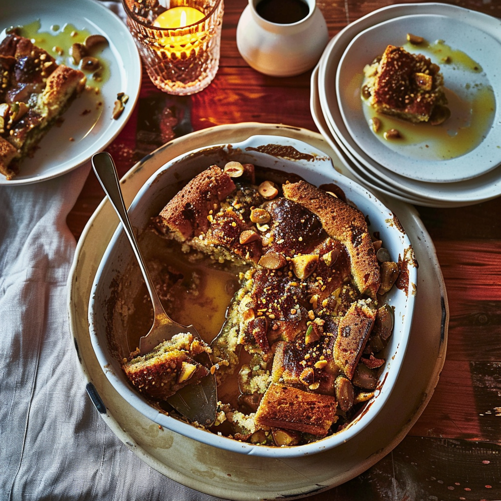 Recipe preparation for Pistachio & Fig Panettone Bread Pudding