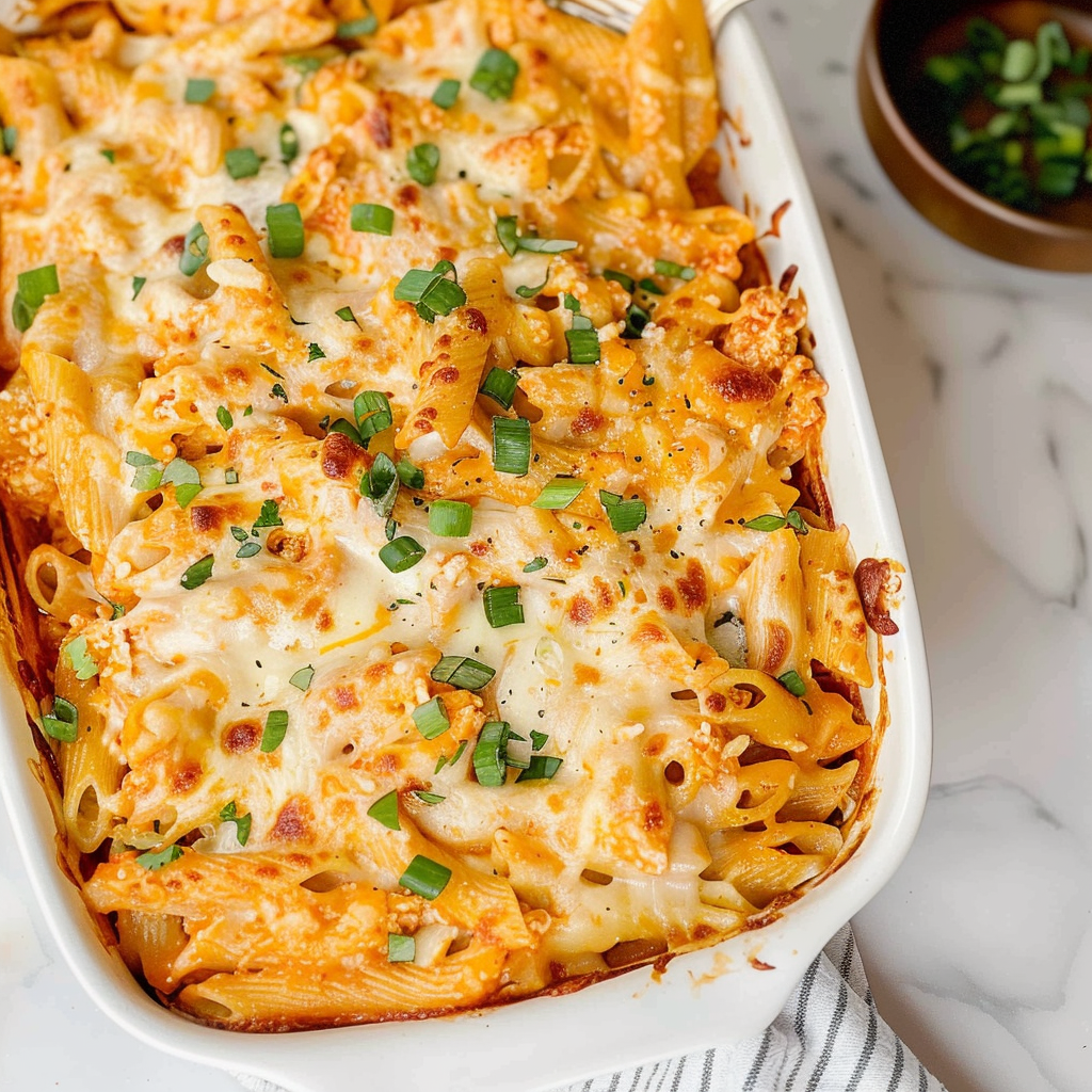 Recipe preparation for Creamy Buffalo Chicken Pasta Bake with Blue Cheese Crumbles