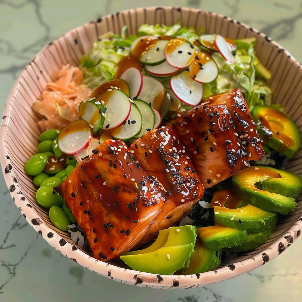 Recipe preparation for Spicy Salmon Poke Bowl with Edamame and Sriracha Mayo