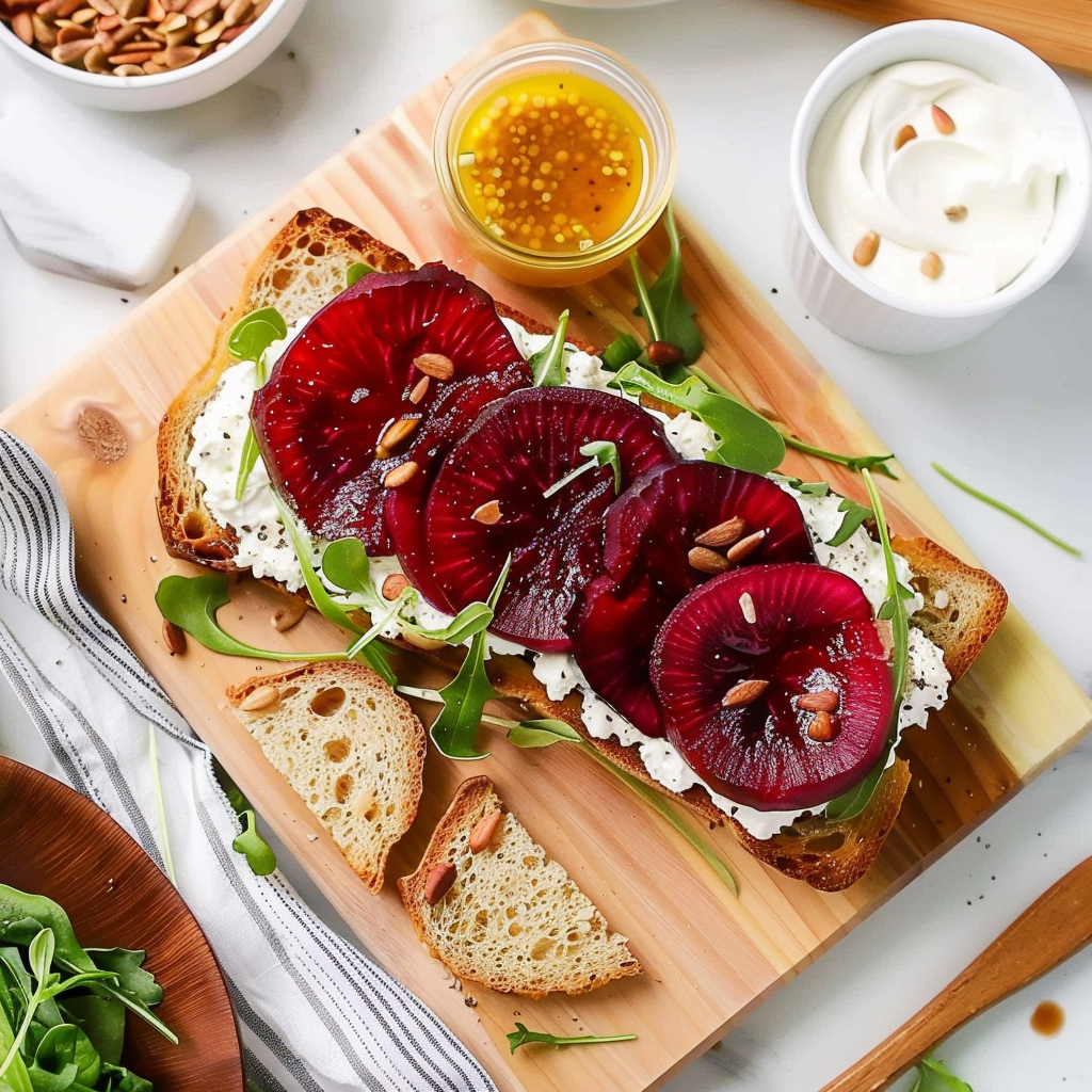 Recipe preparation for Whipped Cottage Cheese & Pickled Beet Toasts