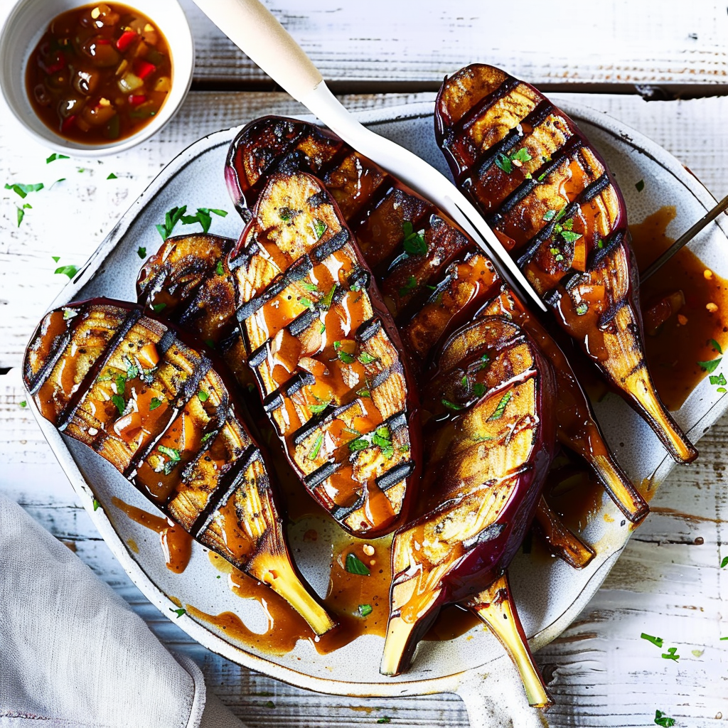 Recipe preparation for Tamarind Maple Glazed Eggplant Steaks