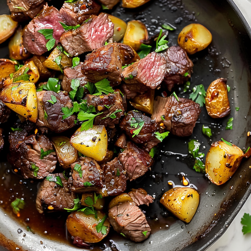 Recipe preparation for Black Garlic Steak Bites with Crispy Potatoes