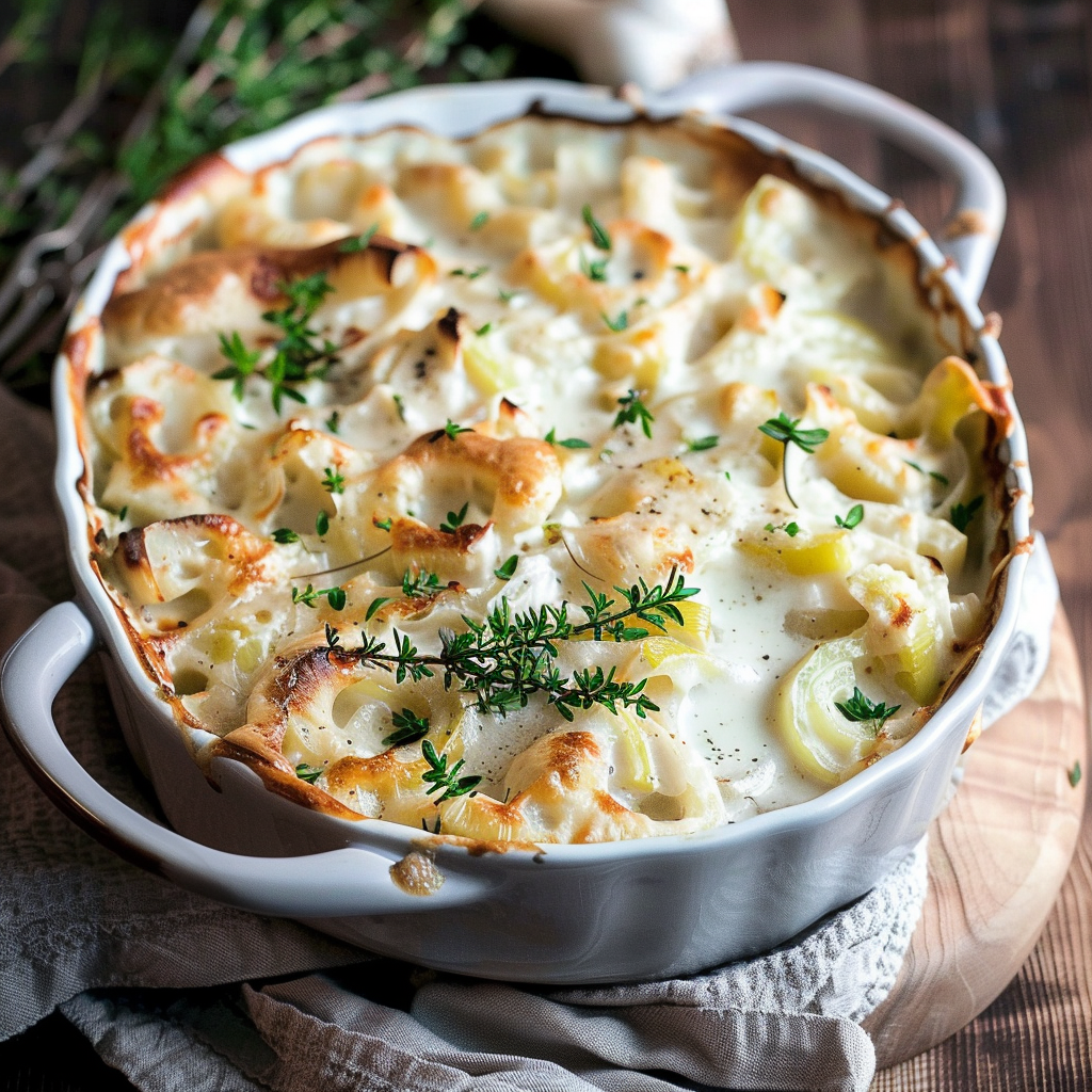 Recipe preparation for Creamy Roasted Turnip & Leek Bake