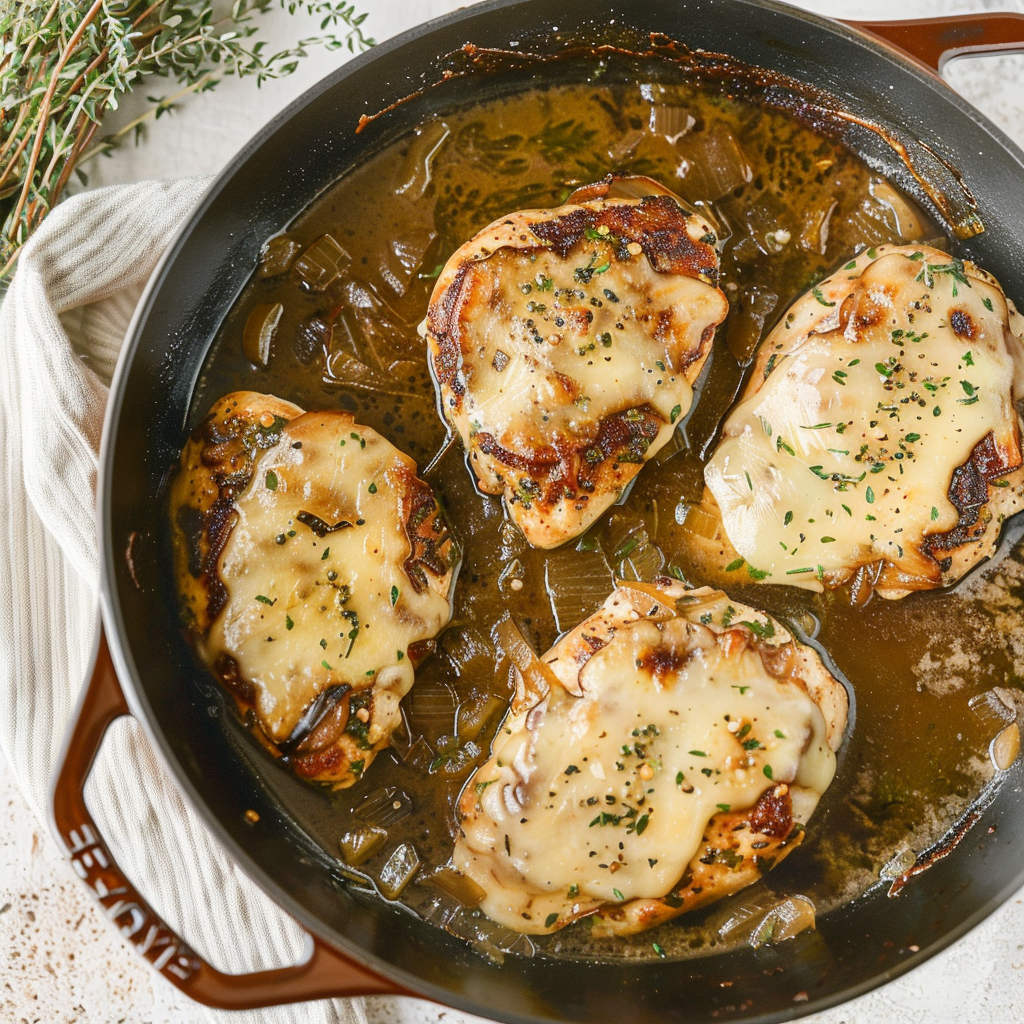 Recipe preparation for French Onion Chicken Skillet with Gruyère Melt