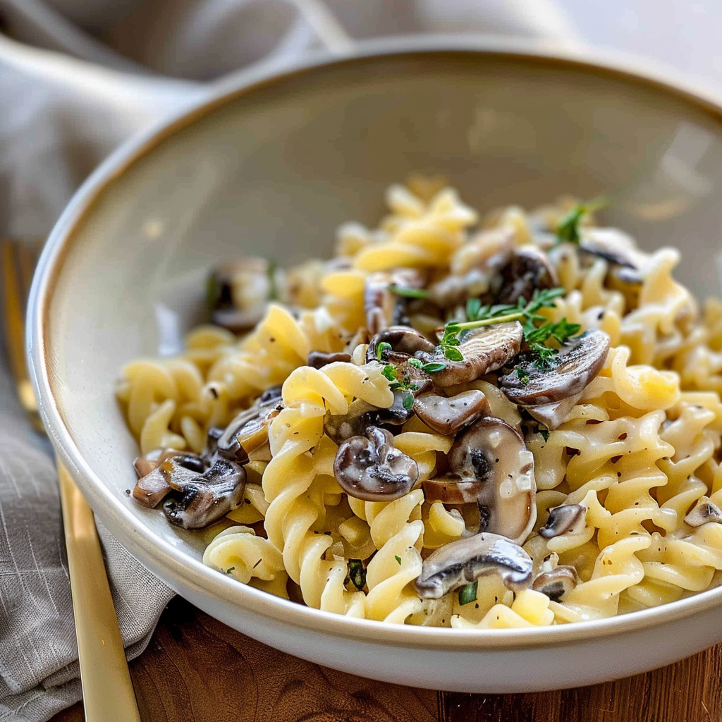 Recipe preparation for Creamy Mushroom & Thyme Tagliatelle