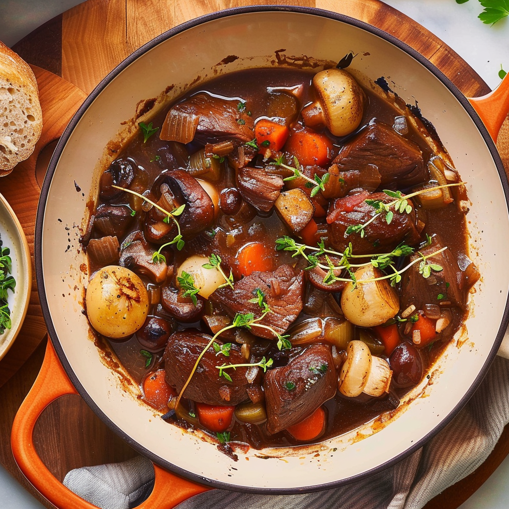 Recipe preparation for Beef Bourguignon de Noël