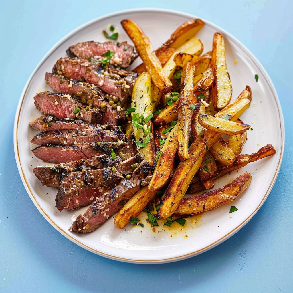 Recipe preparation for Steak Frites with Garlic Butter