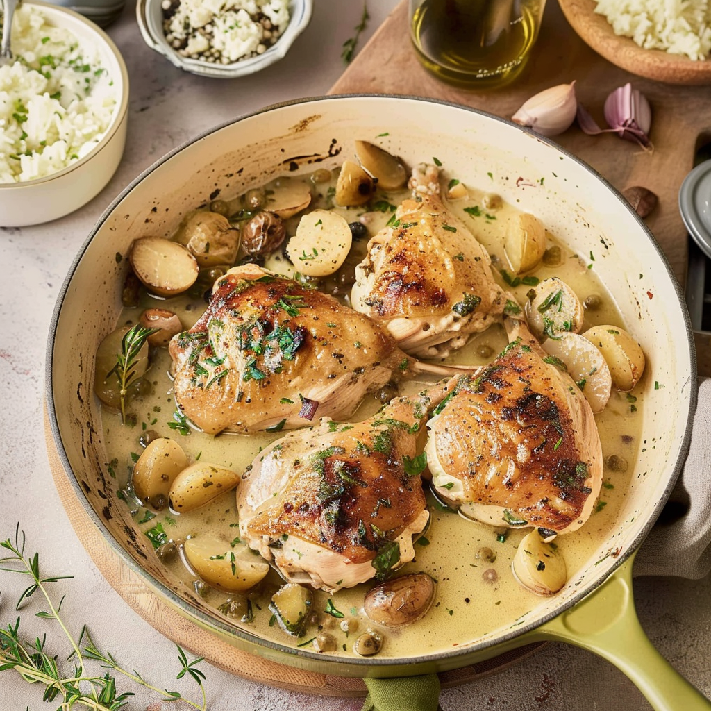 Recipe preparation for Braised Chicken with White Wine & Herbs