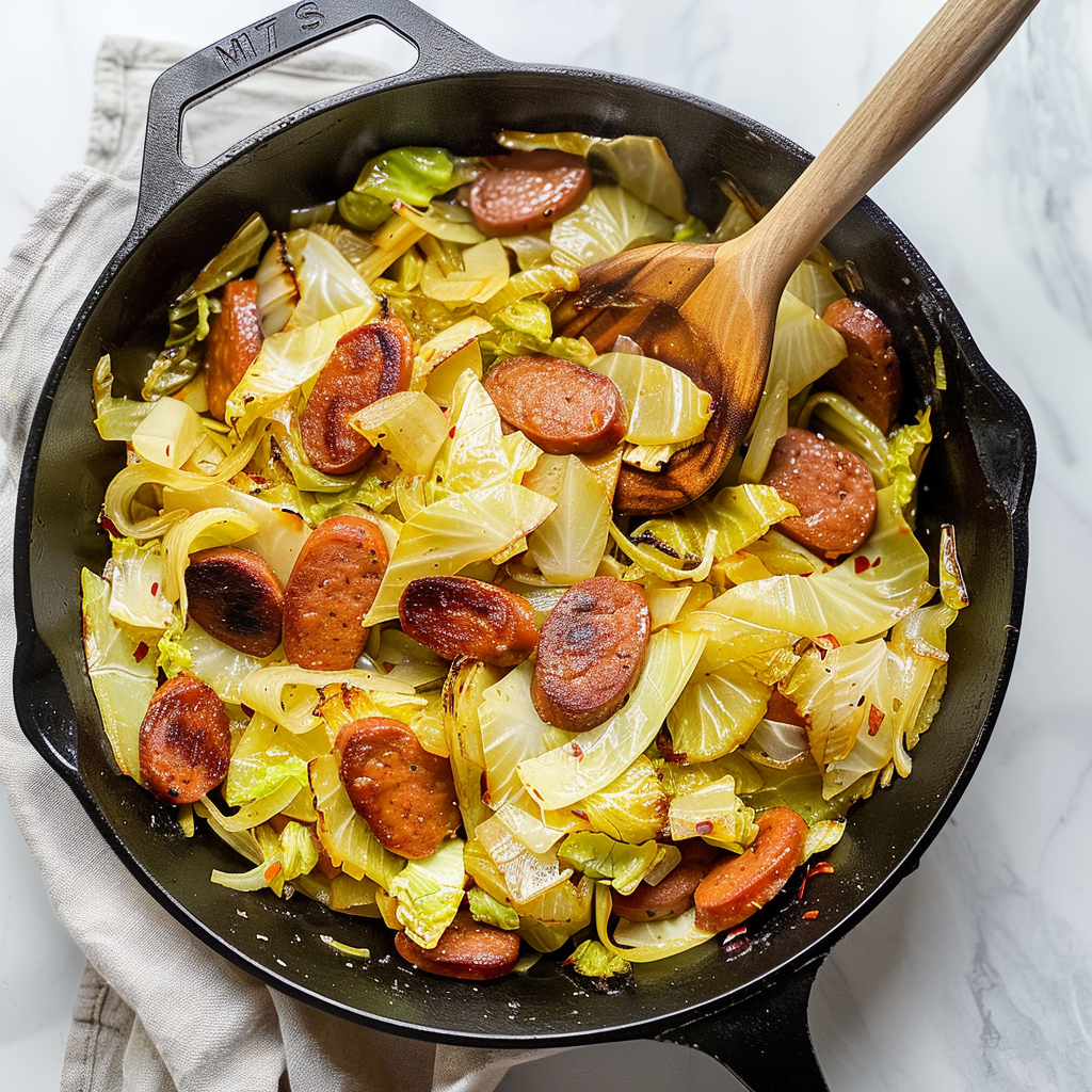 Recipe preparation for Savoy Cabbage and Sausage Skillet