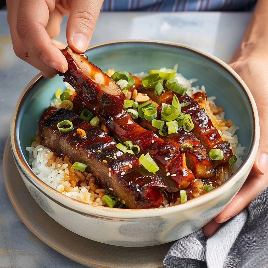 Recipe preparation for Tamarind Pork Belly Rice Bowls
