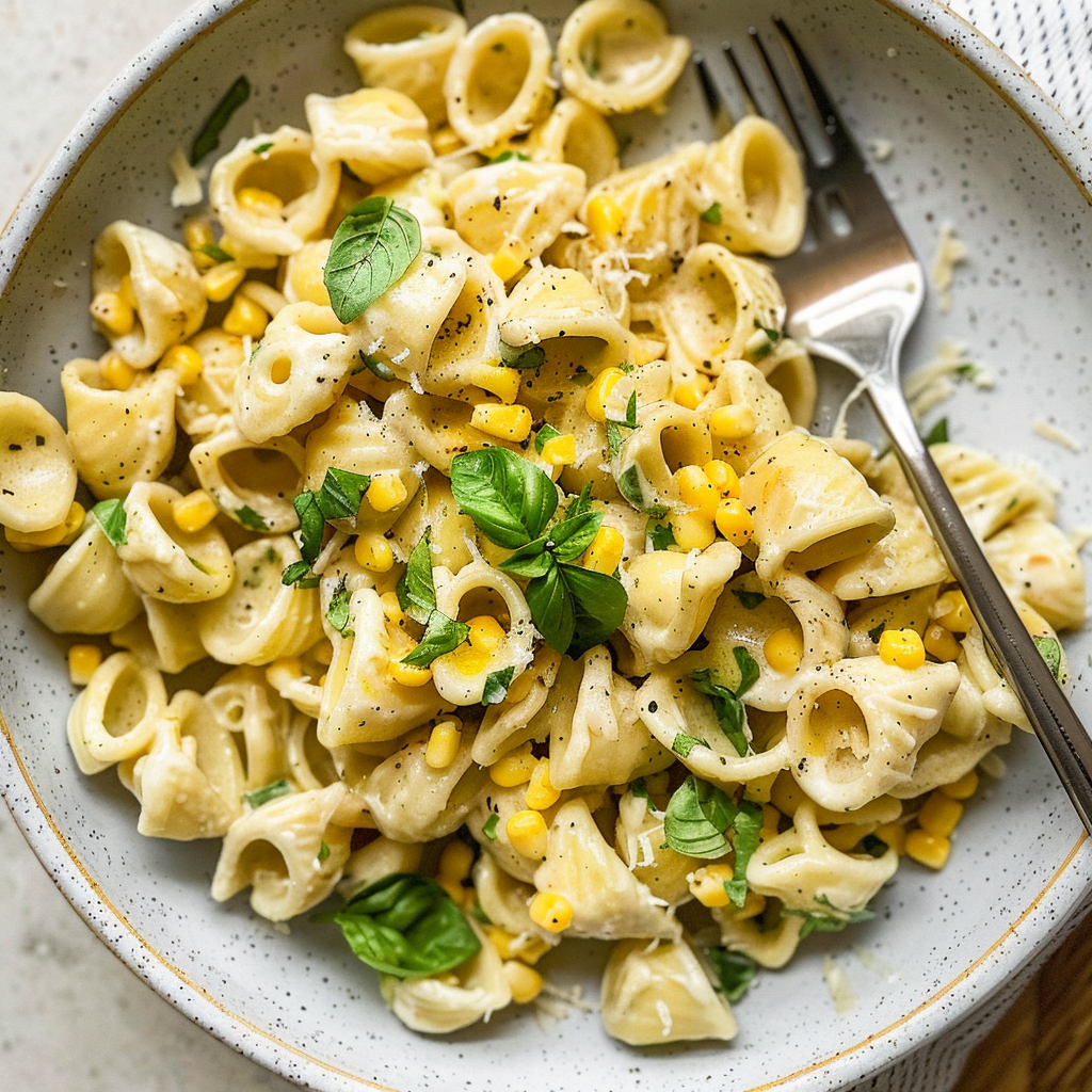 Recipe preparation for Creamy Corn Pasta with Basil Oil